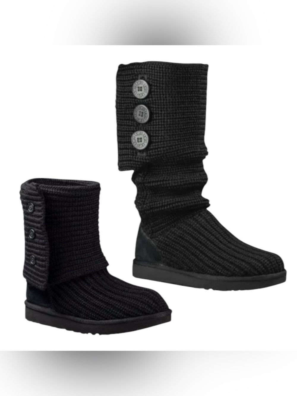 UGG Cardy Black Knit Button-Accent Fold Over Sweater Boots Woman’s 9